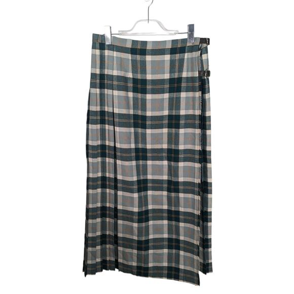 Vintage Border Glen Plaid Long Maxi Skirt Kilt Green White Wool Blend Made in UK - Picture 1 of 11